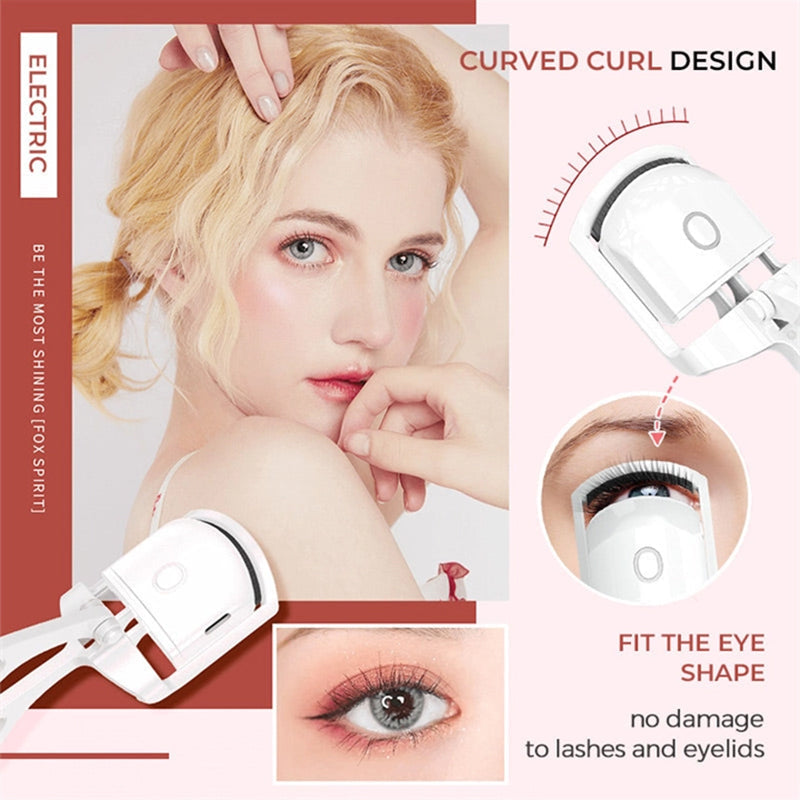 Woman using a heated lash curler to achieve perfectly lifted eyelashes, a must-have beauty tool