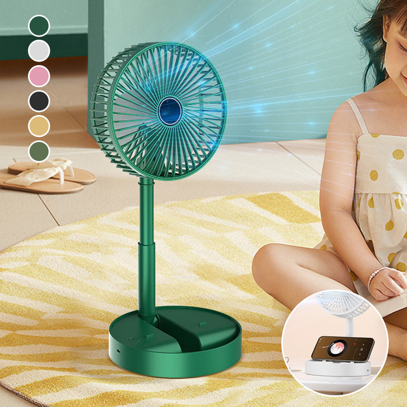 Portable USB fan, white, fully collapsed for travel, demonstrating space-saving design.