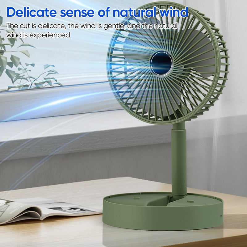 White personal cooling fan, rechargeable, shown with multiple speed settings.