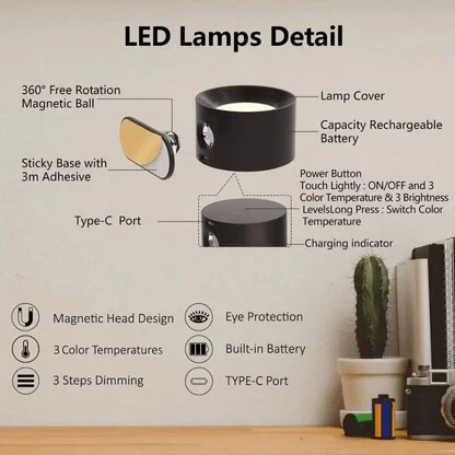 Wireless wall light, rechargeable, 360° adjustable for versatile home lighting.
