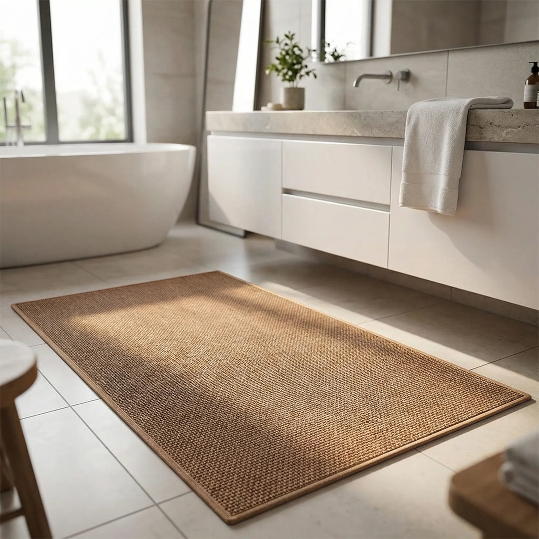 Rectangular non-slip bath mat, absorbent & soft, enhances bathroom safety. Washable beige/gray floor decor.