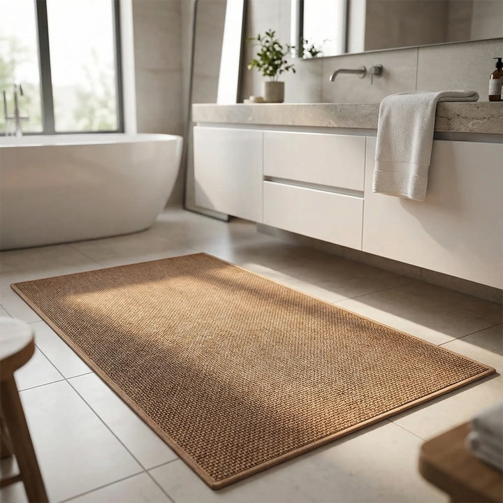 Rectangular non-slip bath mat, absorbent & soft, enhances bathroom safety. Washable beige/gray floor decor.