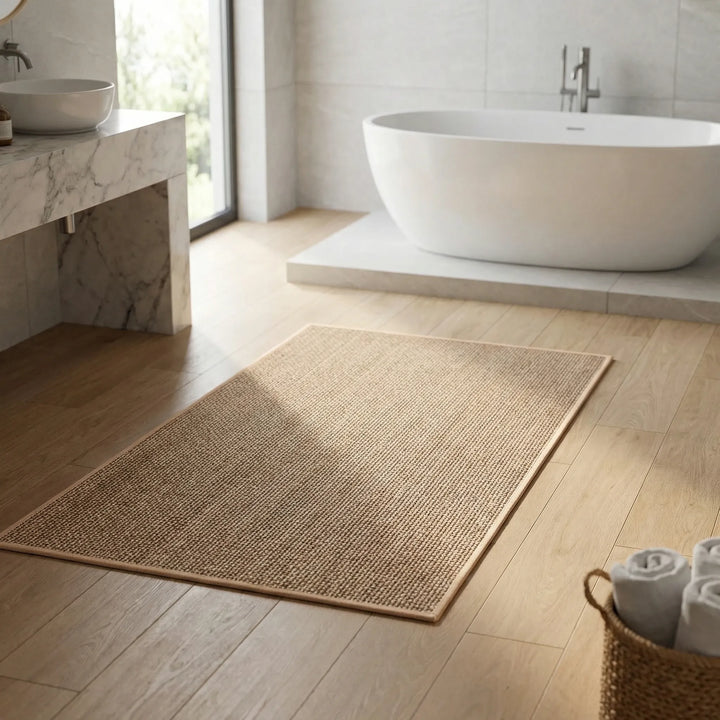 Beige/gray rectangular bath mat with wave design. Soft, absorbent, and non-slip for a safe & stylish bathroom.