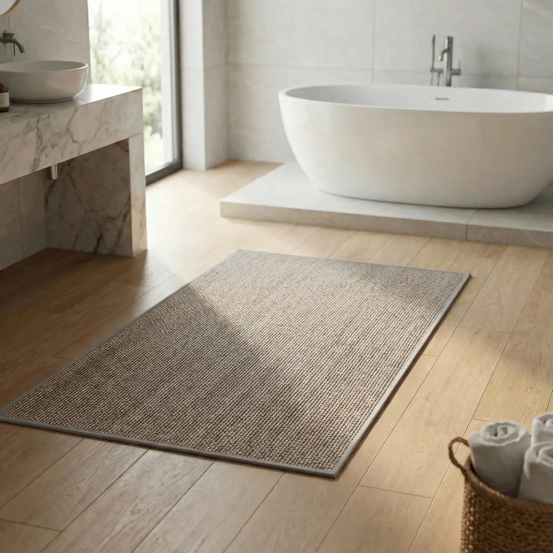 Stylish beige/gray rectangular bath mat with Flowique waves. Soft, absorbent, non-slip & washable bathroom decor.