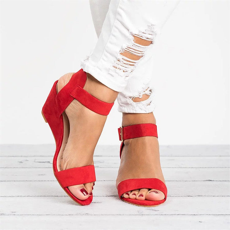 Stylish black wedge sandals with ankle strap, comfortable platform heels for women's spring fashion