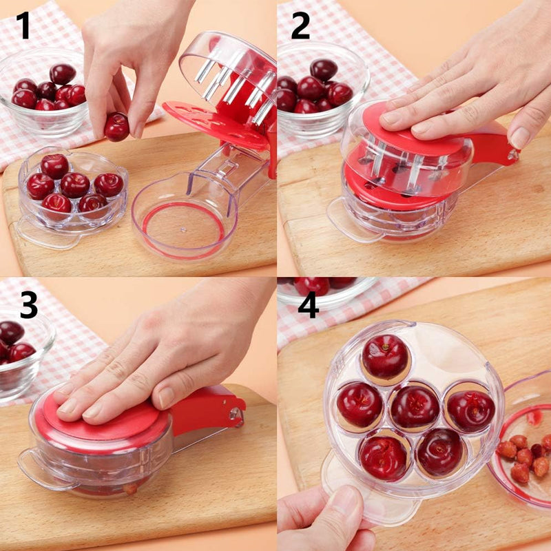Durable cherry pitter with red handle, perfect for quick fruit preparation.