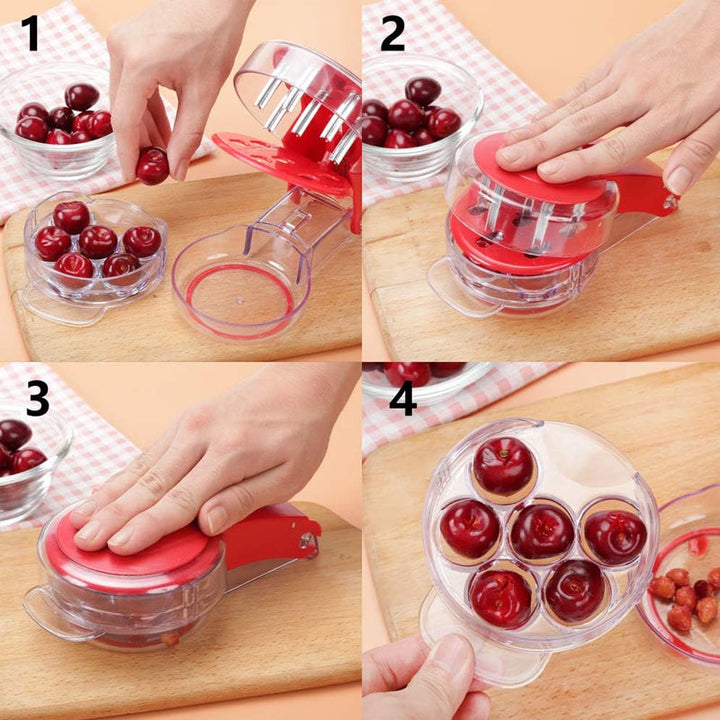 Durable cherry pitter with red handle, perfect for quick fruit preparation.