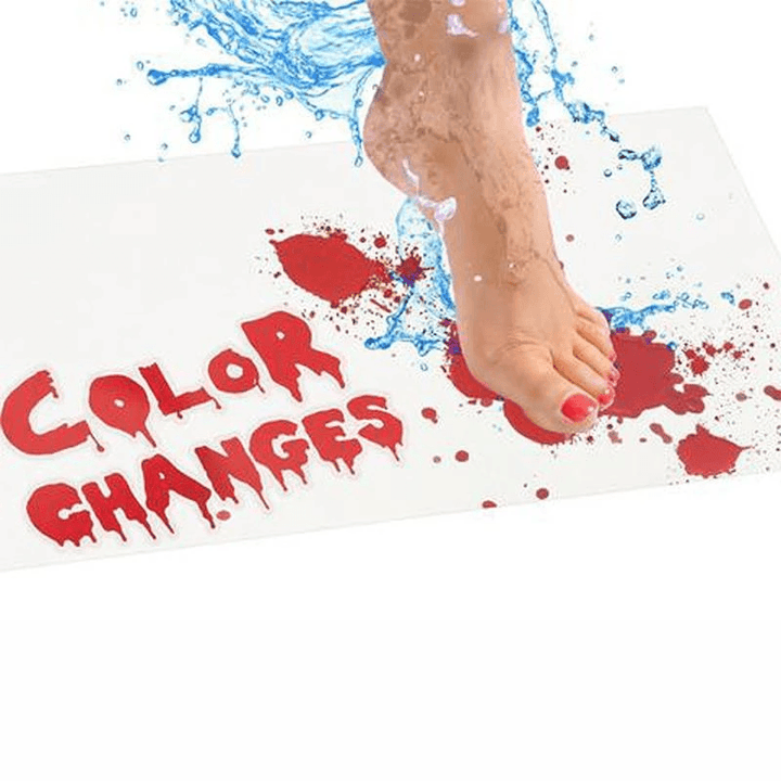 Red color changing prank bath mat, wet to reveal bloody footprint, scary Halloween decor and gag gift