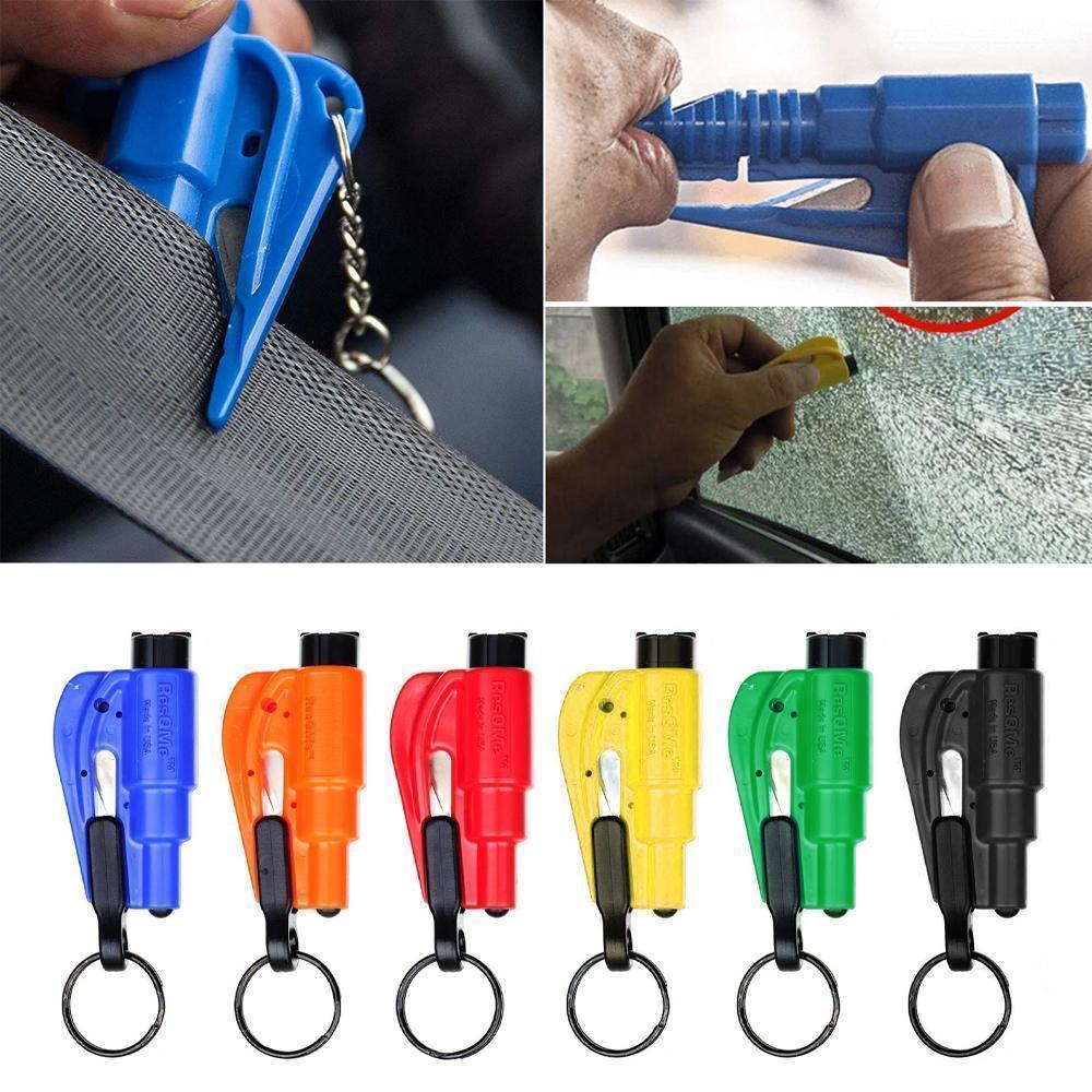 Red emergency car window breaker and seatbelt cutter keychain, essential auto safety tool