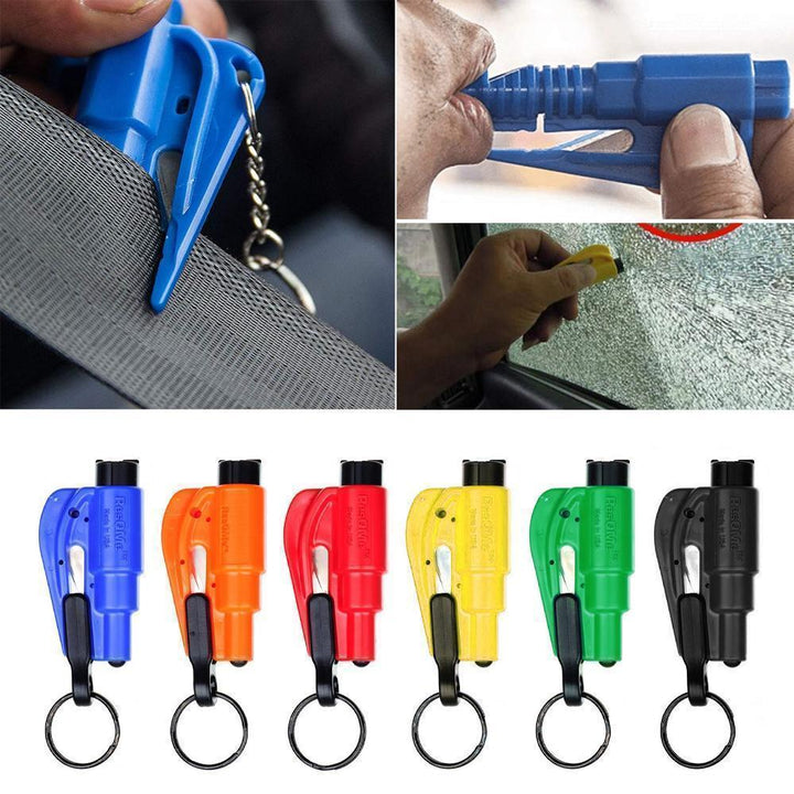 Red emergency car window breaker and seatbelt cutter keychain, essential auto safety tool