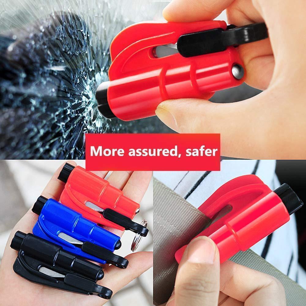 Detailed view of seatbelt cutter blade on an emergency escape tool, for quick release