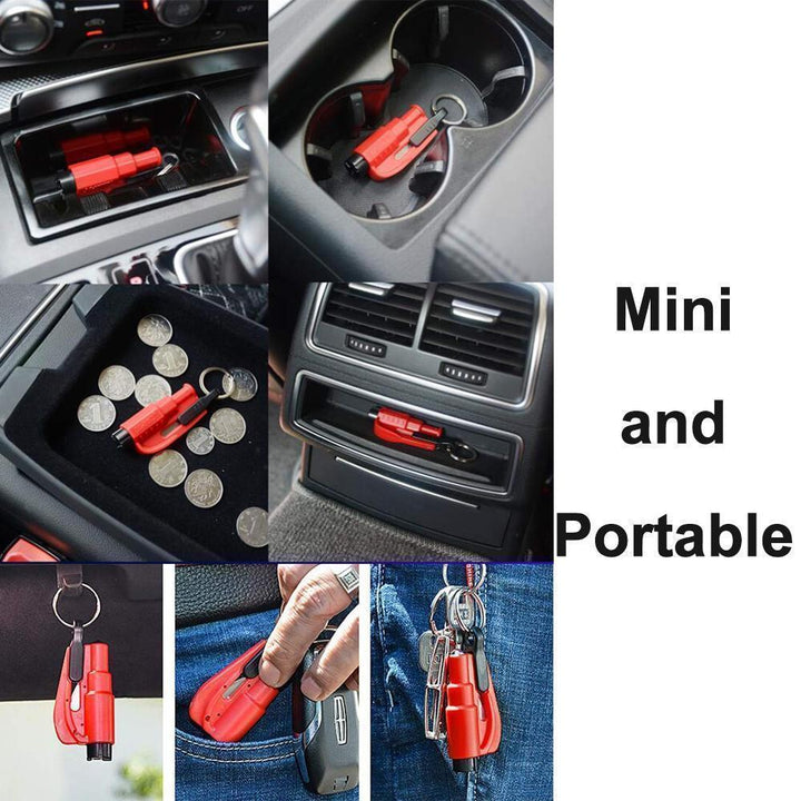 Hand holding a red emergency window breaker and seatbelt cutter, demonstrating use