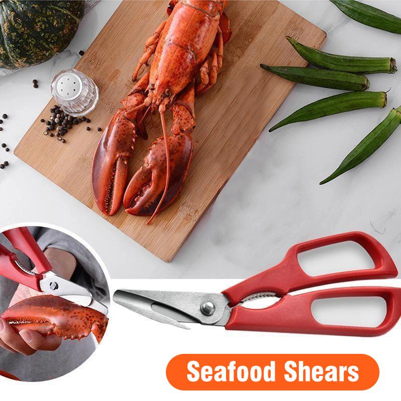 Red handle kitchen seafood shears for cracking crab & lobster, stainless steel blades, cooking utensil