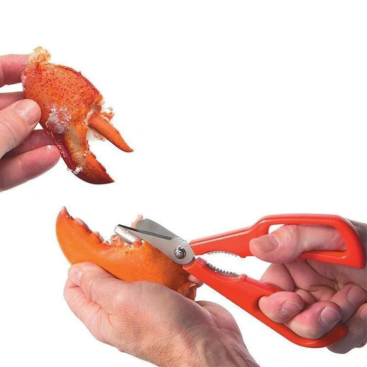 Detailed view of red seafood shears, highlighting robust stainless steel construction, crab opener