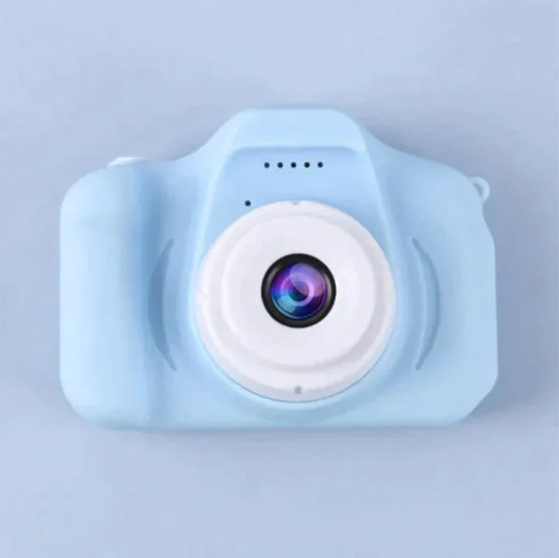 A child wearing a red reusable mini digital camera with a neck strap, promoting hands-free carrying.