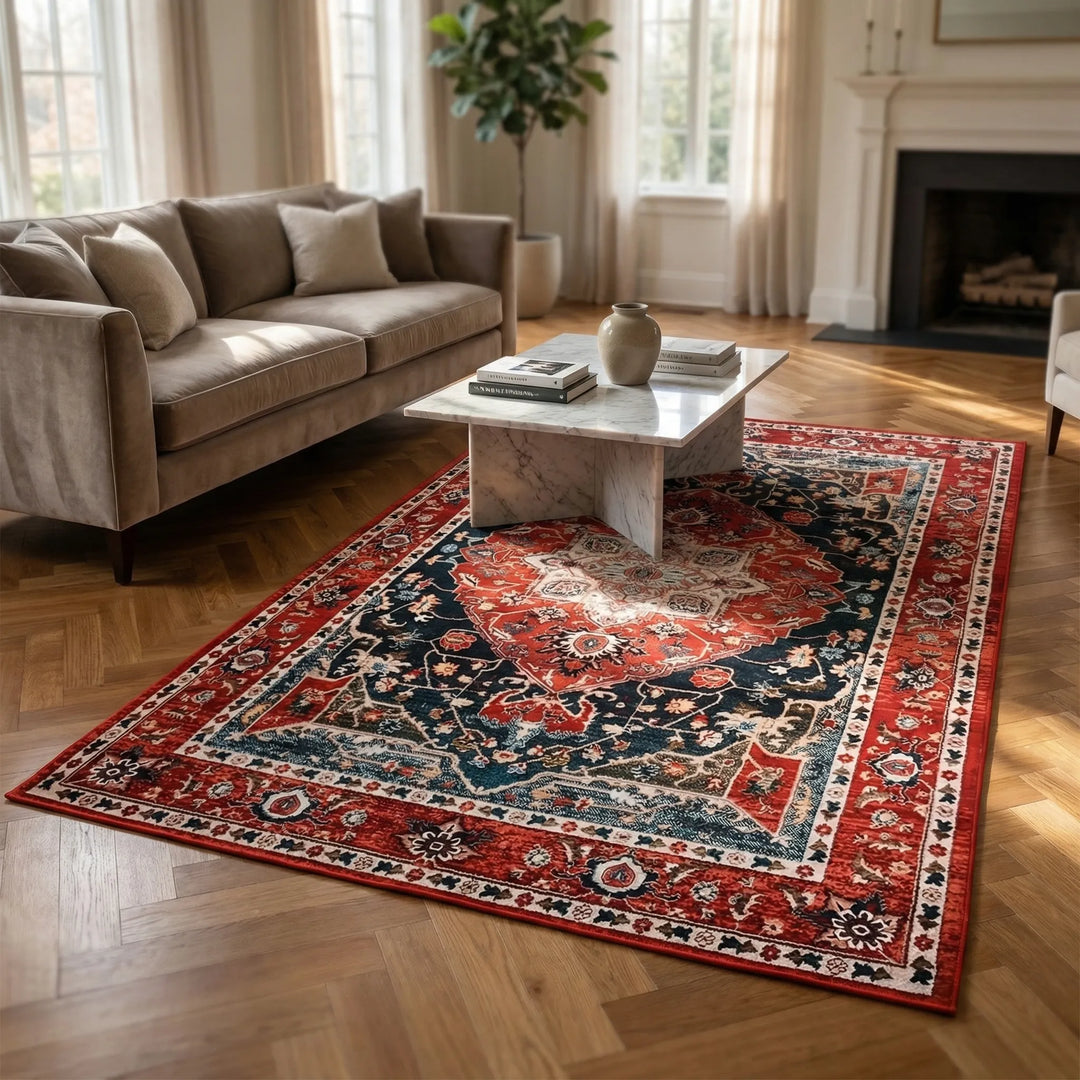 Red oriental medallion pattern low pile area rug for living room, adding traditional home decor style.
