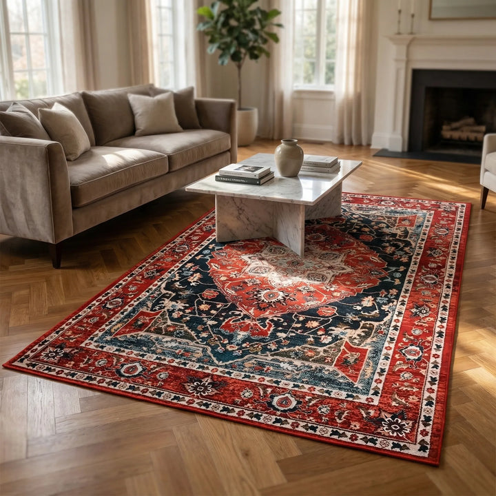 Red oriental medallion pattern low pile area rug for living room, adding traditional home decor style.
