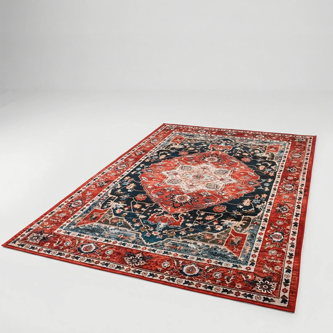 Flowique blue wave oriental pattern low pile rug, a statement piece for traditional living rooms & bedrooms.