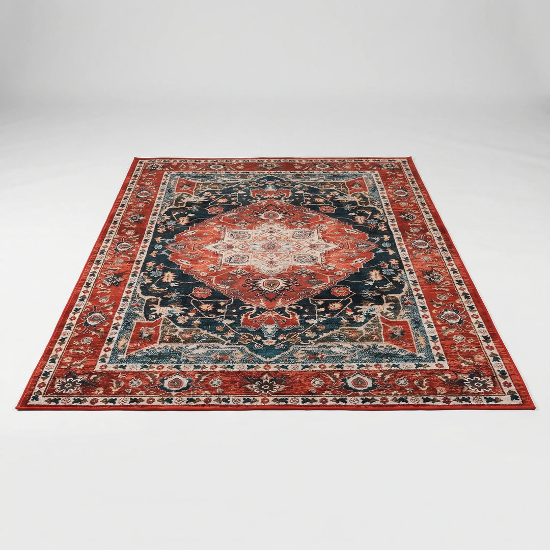 Traditional oriental wave & medallion pattern area rug, low pile, perfect for an entryway or cozy bedroom.