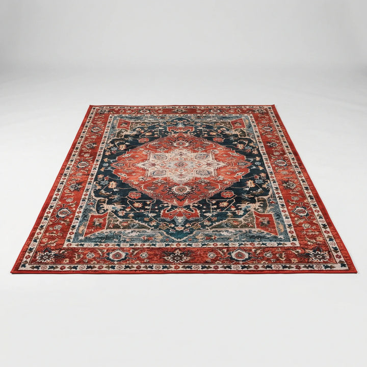 Traditional oriental wave & medallion pattern area rug, low pile, perfect for an entryway or cozy bedroom.