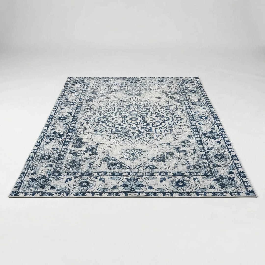Richly patterned oriental statement rug with Flowique waves & medallions in red & blue, stunning home decor.