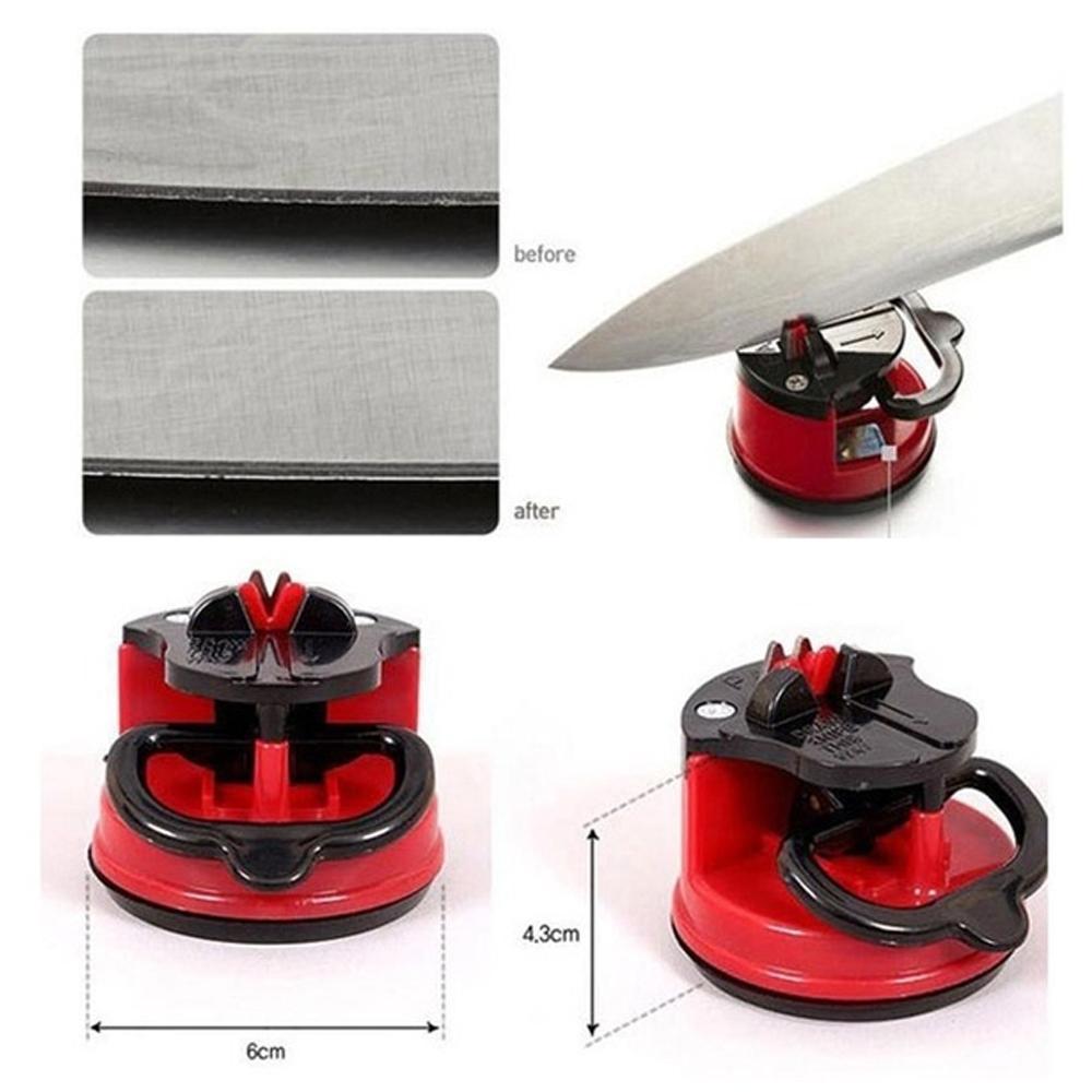 Set of colorful kitchen knife sharpeners (red, green, blue) with suction bases