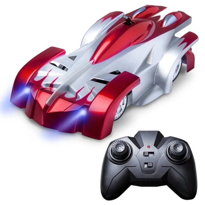 Red RC wall climbing stunt car for kids, with LED lights, performing a gravity-defying stunt.