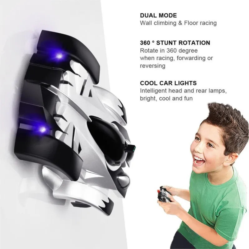 Child playing with a blue remote control wall climbing stunt car, defying gravity on a smooth wall surface.