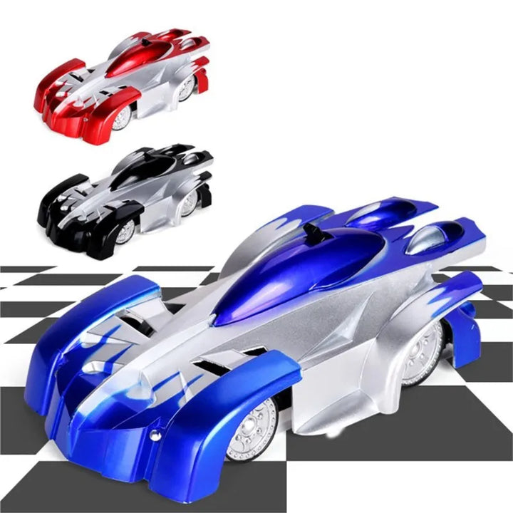 Dynamic green RC stunt wall climbing car with bright LED lights, performing daring stunts; an exciting kids' electronic toy.