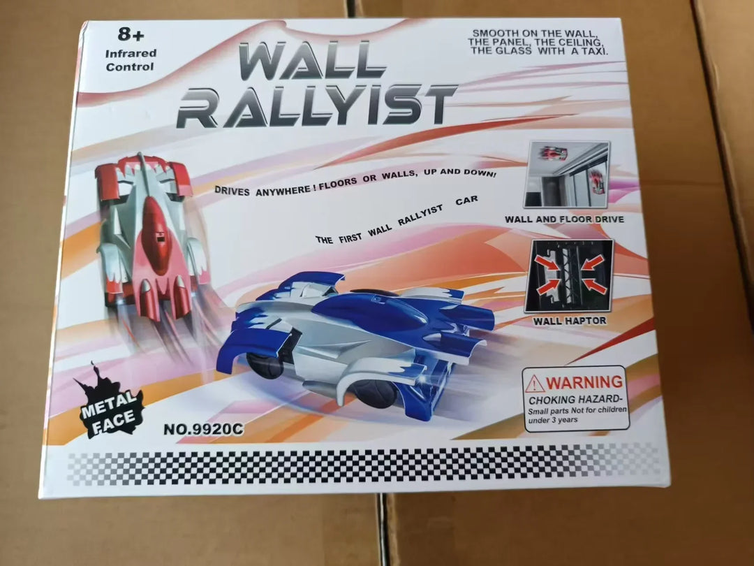 Happy child controls a blue RC wall climbing stunt car, enjoying thrilling stunts, LED lights, and gravity-defying action.