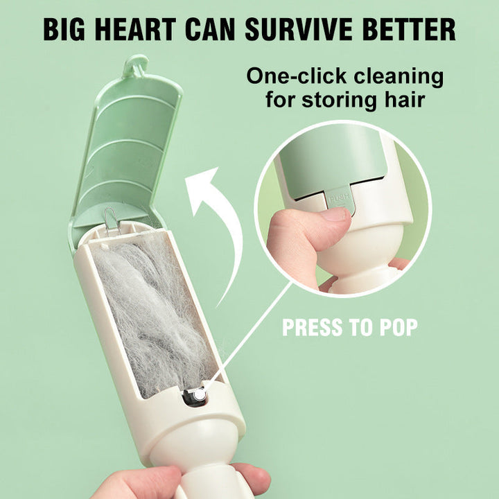 Hand holding a red pet hair remover, demonstrating use on a fabric sofa, pet care solution