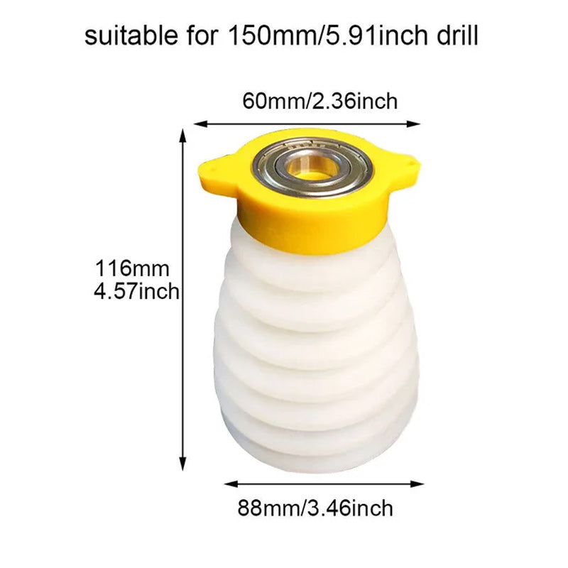 Compact silicone drill dust collector, shown with various drill bits, for versatile application.