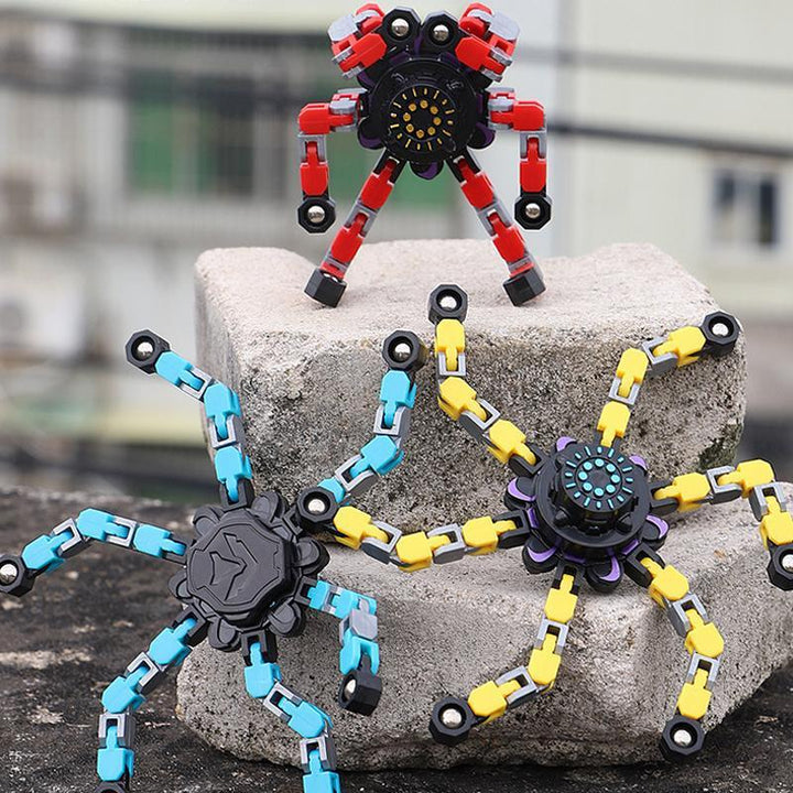 Display of multiple robot fidget spinners in various colors, showcasing their stackable quality