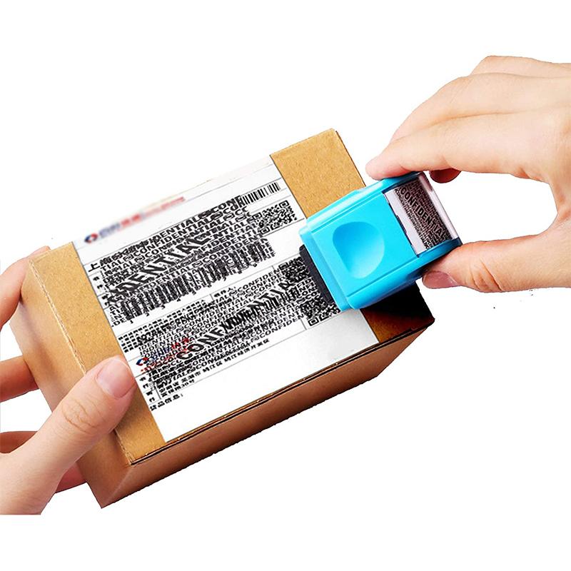 Close-up of a blue identity roller stamp, securing confidential info