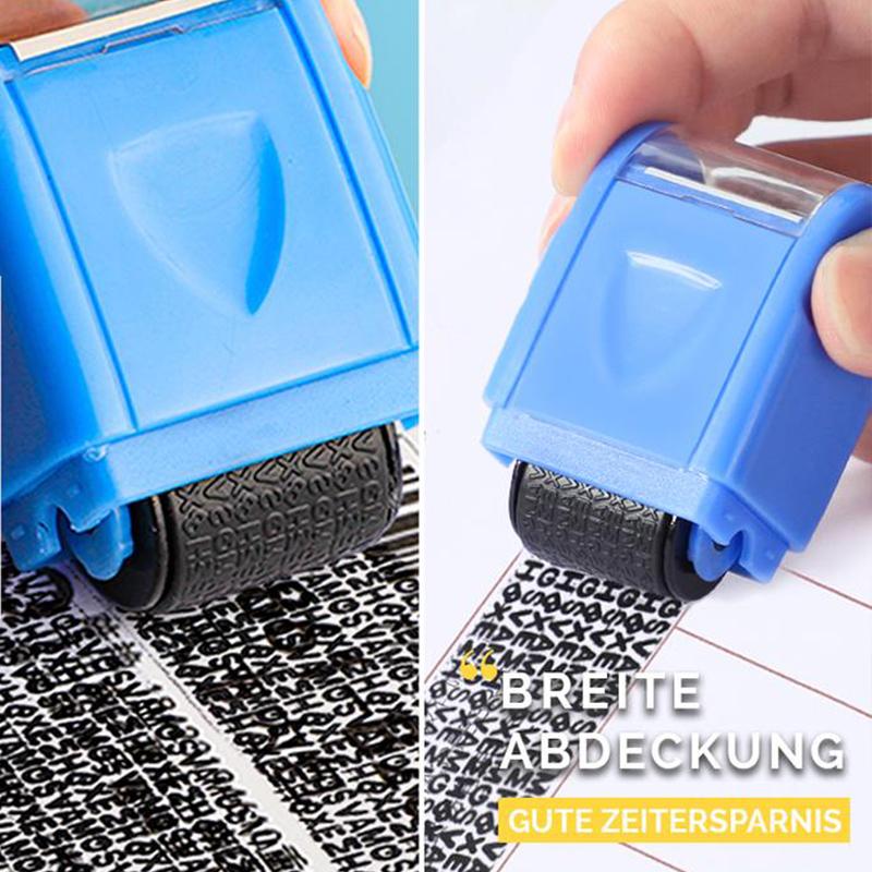 Three identity protection roller stamps (red, blue, yellow) in a row