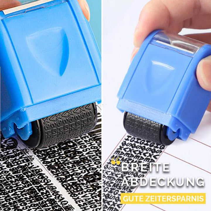 Three identity protection roller stamps (red, blue, yellow) in a row