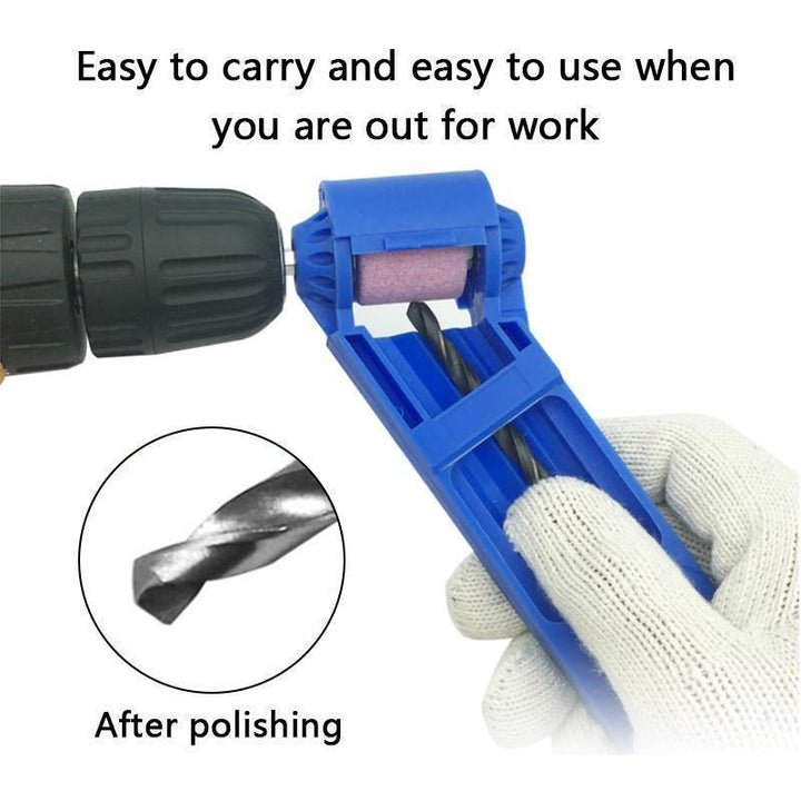 Detailed view of a power drill bit being sharpened by the universal tool accessory on a workbench