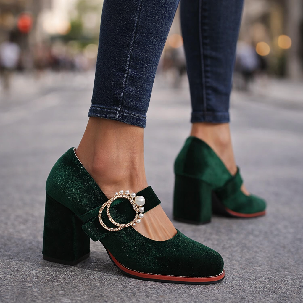 Emerald green velvet block heel shoes for women featuring sophisticated pearl detailing.