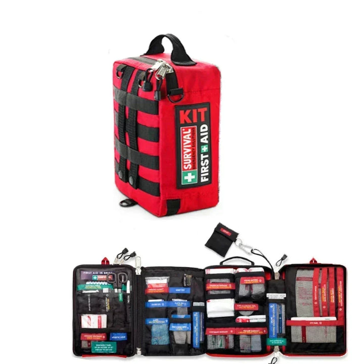Red waterproof travel first aid kit bag, perfect for emergency medical gear & outdoor survival.