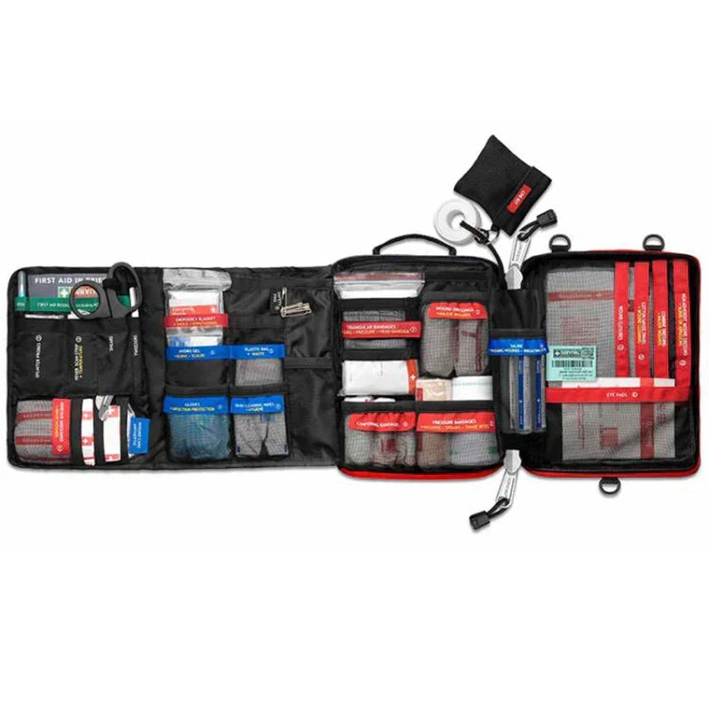 Red waterproof first aid kit bag for emergency medical supplies, ideal for travel, camping & survival.