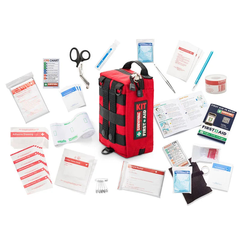 Emergency medical preparedness bag. Waterproof first aid kit for outdoor, camping, hiking, & travel use.