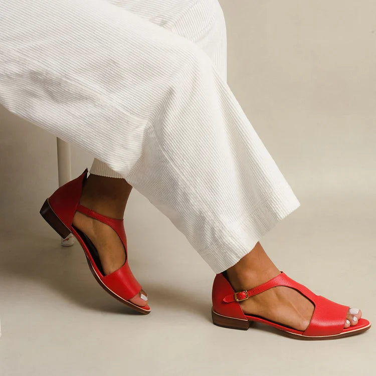 Red women's effortless flat casual sandals, comfortable & lightweight open-toe slip-on for summer everyday wear.