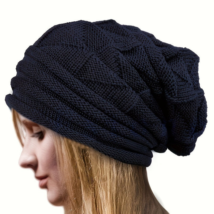 Alina women's red knitted beanie, lightweight, soft acrylic, great for spring/fall walks.