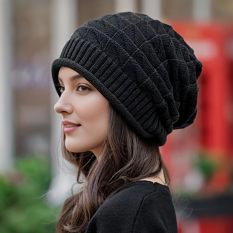 Comfortable women's spring/fall knitted beanie, lightweight acrylic stretch fit.