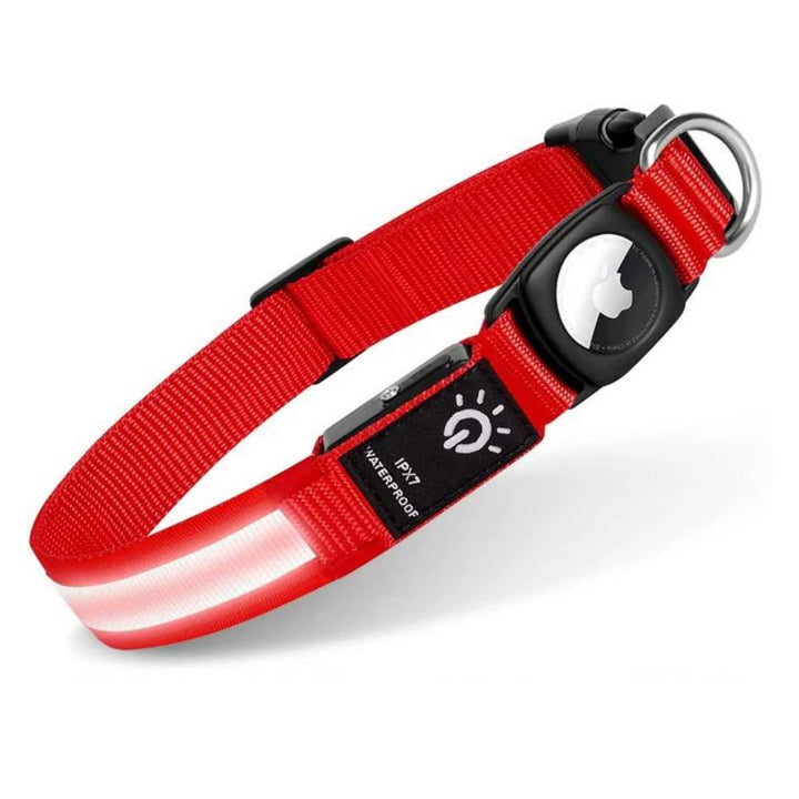 Adjustable, bright LED safety dog collar with reflective strips & secure tracker pouch for night.