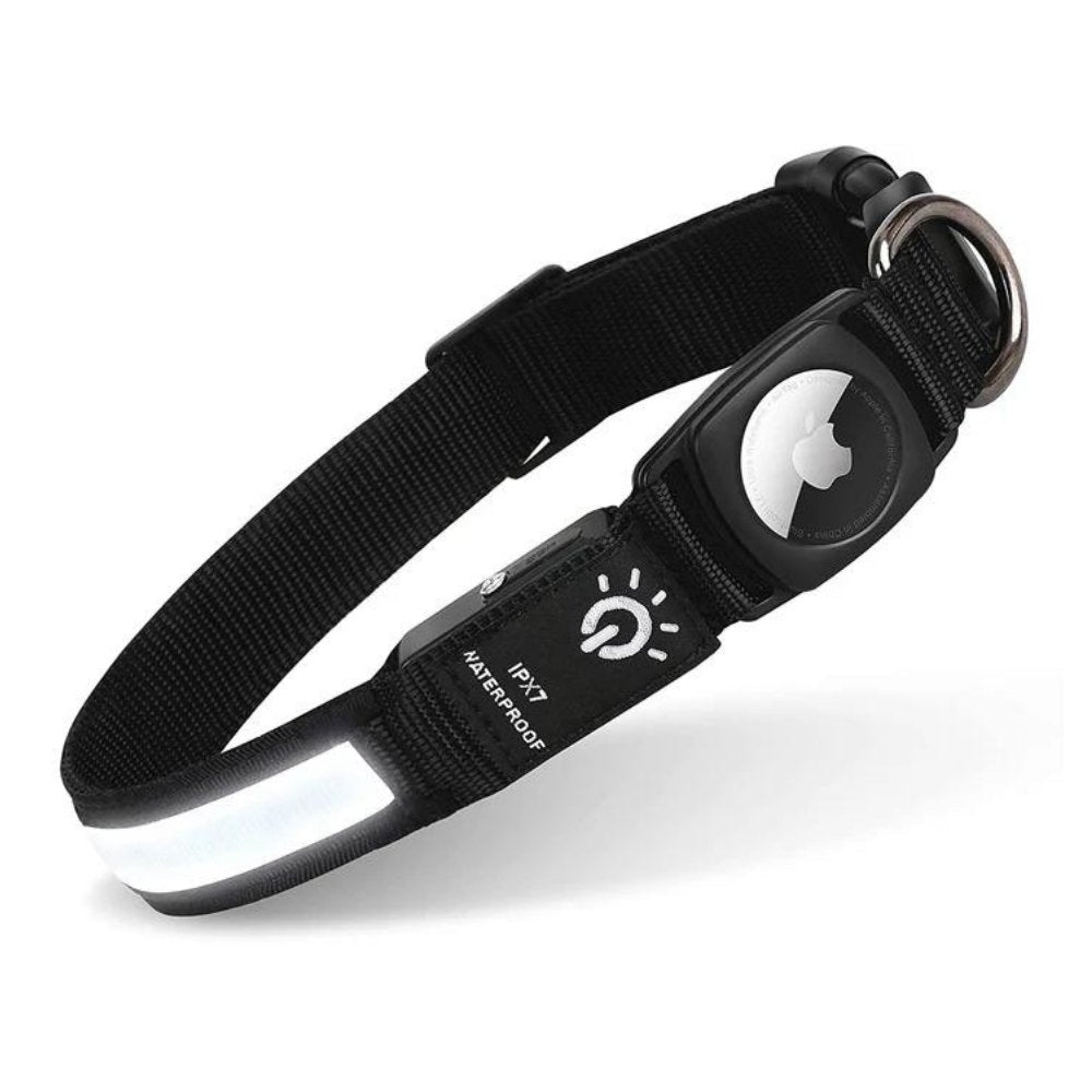 Secure AirTag dog collar, reflective and light-up for night safety. Waterproof & adjustable.