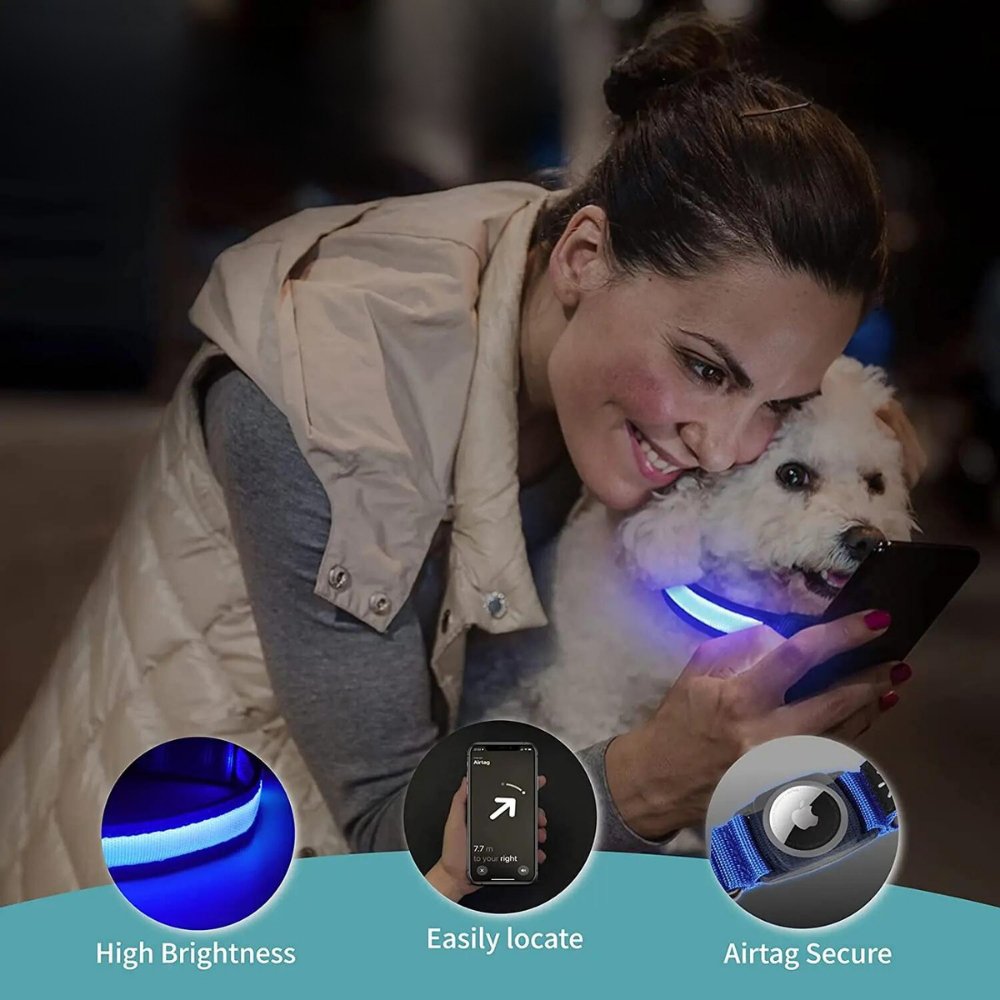 Adjustable reflective dog collar with bright LED illumination and secure AirTag tracker pouch.