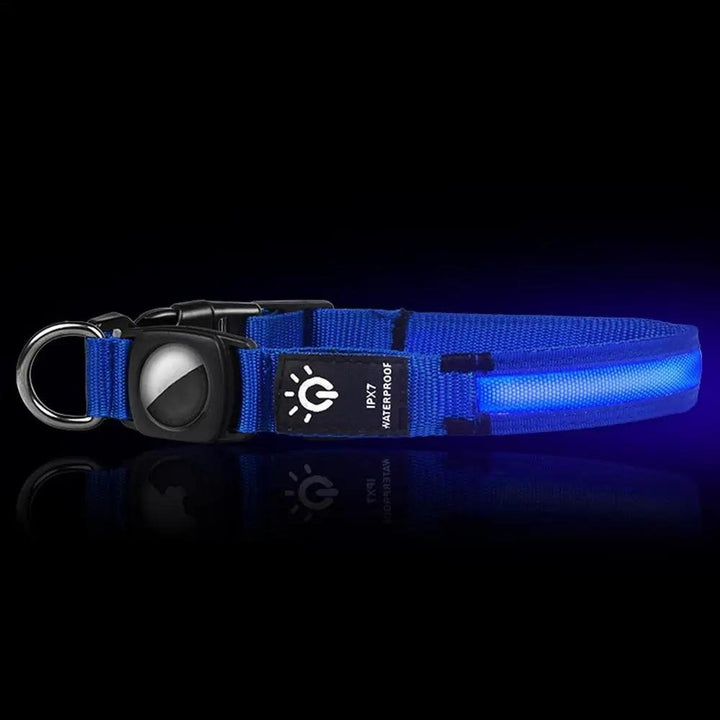 Durable, waterproof reflective dog collar with bright LED light-up for visible night walks. AirTag ready.