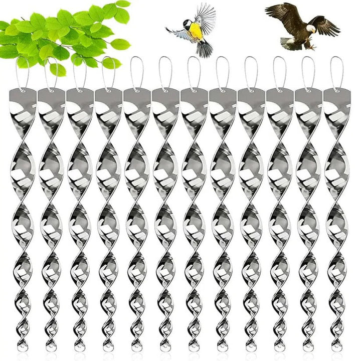 Reflective spiral bird repeller rods for garden defense & pest control. Humane outdoor deterrent.