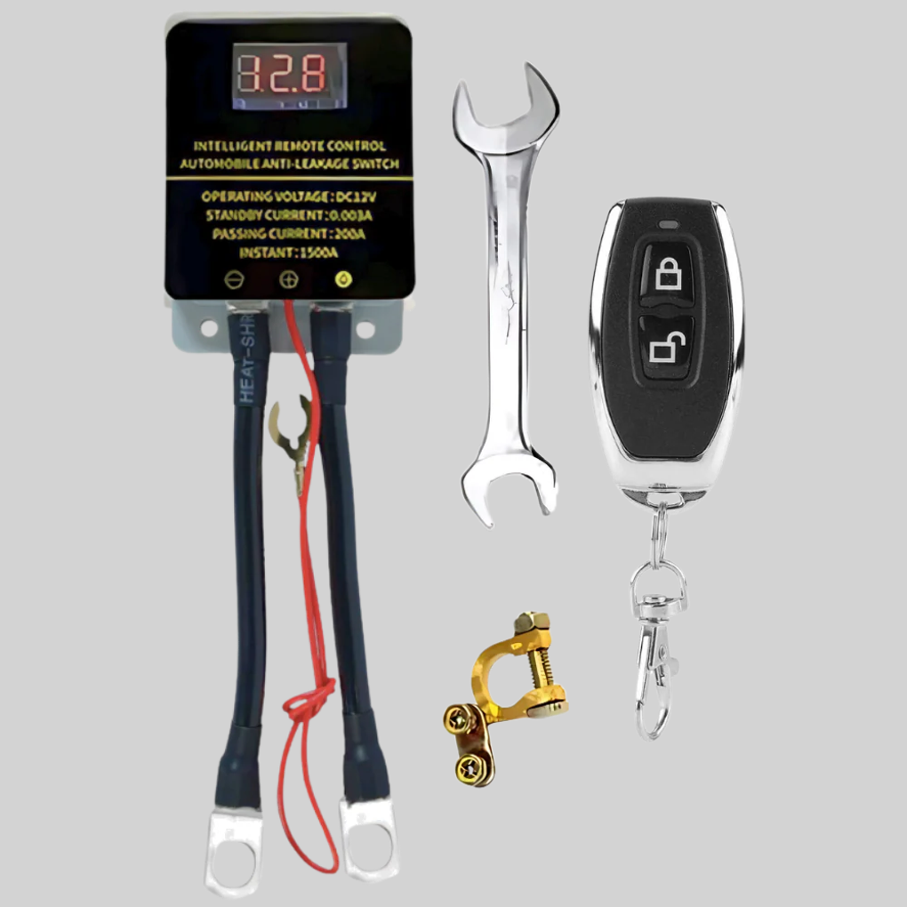 Automotive power switch and battery saver, featuring a remote control for convenience & security.